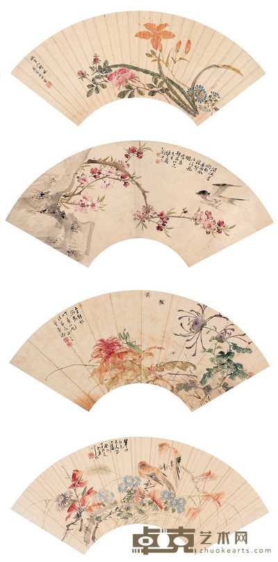 吴杏芬 刘德六 朱瑀 沙馥 1893年作 花鸟锦集（四件） 扇片 